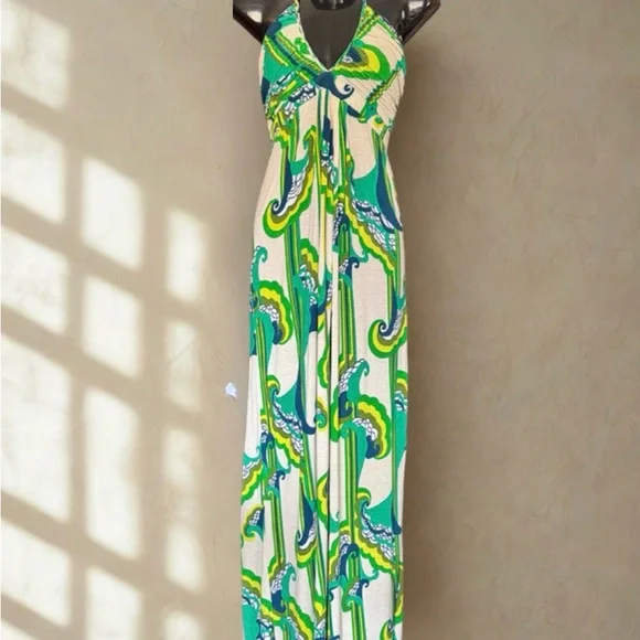 T-Bags Vibrant Green and Blue Patterned Maxi Dress | Size M - Picture 1 of 6